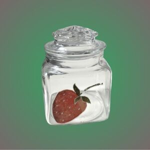 Vintage glass lidded canister w/ rustic strawberry decal cottagecore